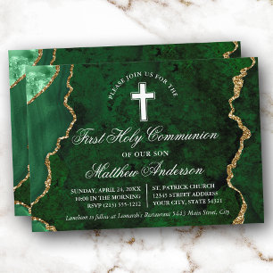 Invitation Géode d'âge en marbre vert or Première communion