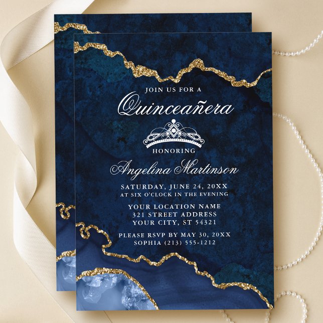 Invitation Géode d'âge marbré bleu Quinceanera (Customize to add text or photos to back of card.)