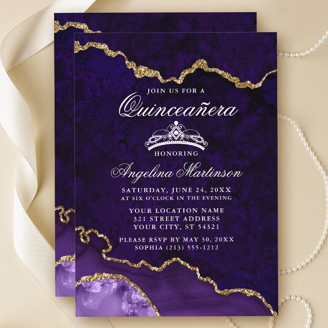 Invitation Géode d'âge marbré or violet Quinceanera (Customize to add text or photos to back of card.)