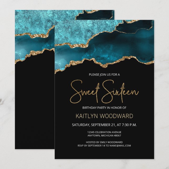 Invitation Géode d'âge Turquoise or foncé doux 16 fête d'anni (Devant / Derrière)