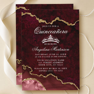 Invitation Géode de marbre doré Quinceanera Bourgogne