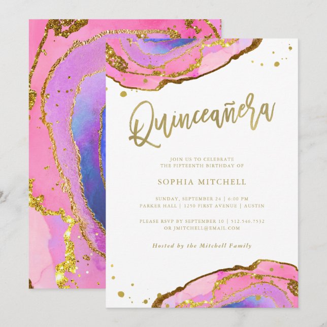 Invitation Géode rose et bleu avec or | Quinceanera (Devant / Derrière)