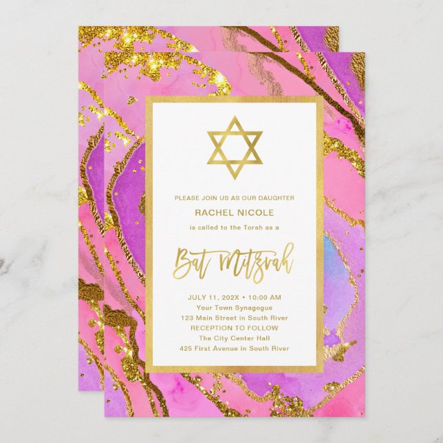 Invitation Géode rose et or | Étoile de David Bat mitzvah (Devant / Derrière)