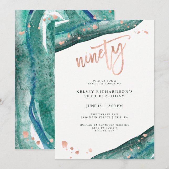 Invitation Géode turquoise et Faux Rose Gold Look | Anniversa (Devant / Derrière)
