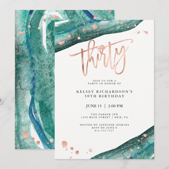 Invitation Géode turquoise et Faux Rose Gold Look | Anniversa (Devant / Derrière)