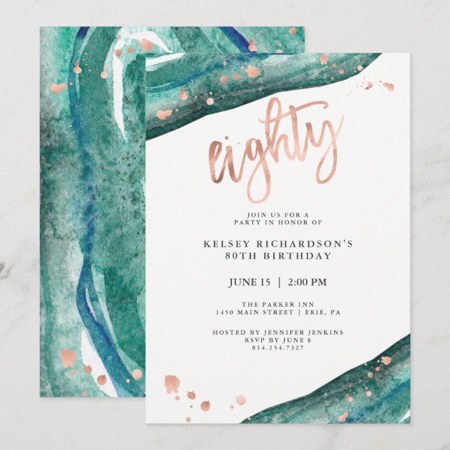 Invitation Géode turquoise et Faux Rose Gold Look | Anniversa (Devant / Derrière)