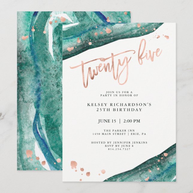 Invitation Géode Turquoise et look or Rose Faux| 25e annivers (Devant / Derrière)