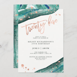 Invitation Géode Turquoise et look or Rose Faux  25e annivers