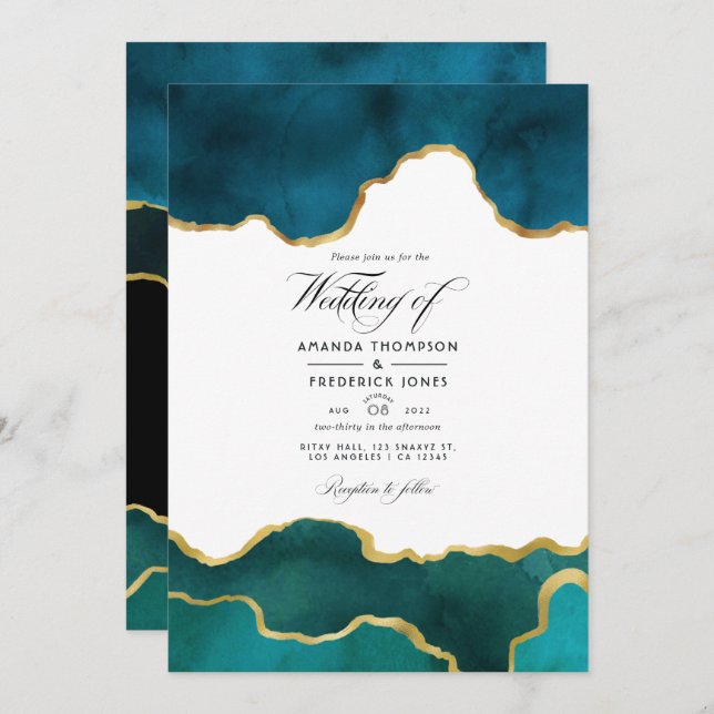 Invitation Géode turquoise et or Agate Pierre Mariage Photo (Devant / Derrière)