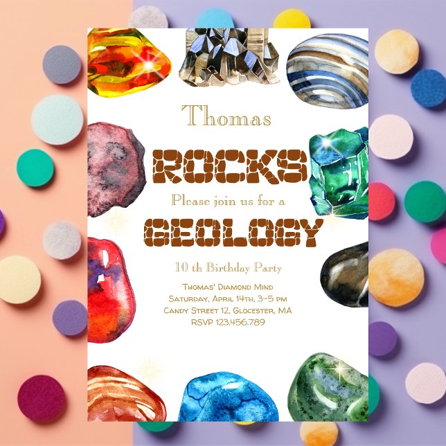 Invitation Géologie fête d'anniversaire roche gemstone (Créateur téléchargé)