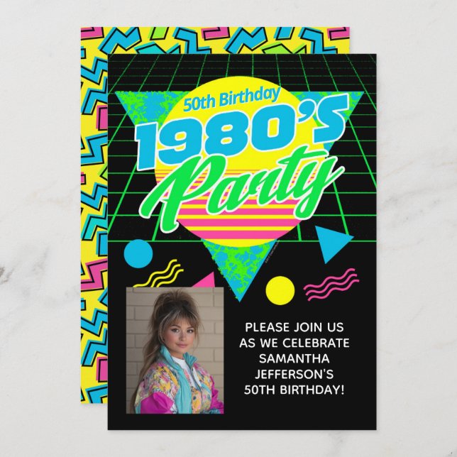 Invitation Geometric 1980s 80s 50th Photo Birthday Party (Devant / Derrière)