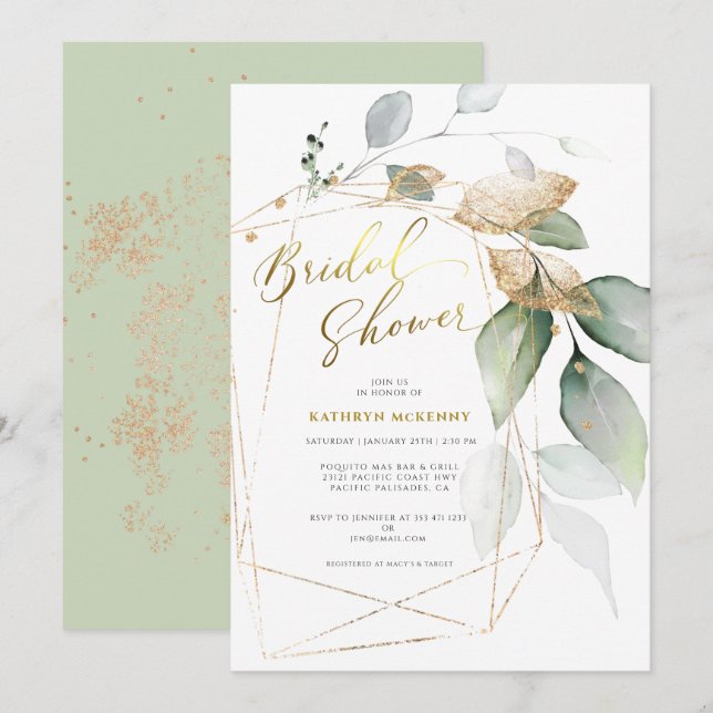 Invitation Geometric Gold Eucalyptus Greenery Fête de Mariage (Devant / Derrière)
