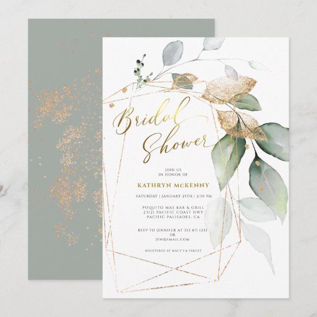 Invitation Geometric Gold Eucalyptus Verdure Enterrement de V (Devant / Derrière)