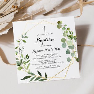 Invitation Geometric Gold Tropical Green Calligraphy Baptism