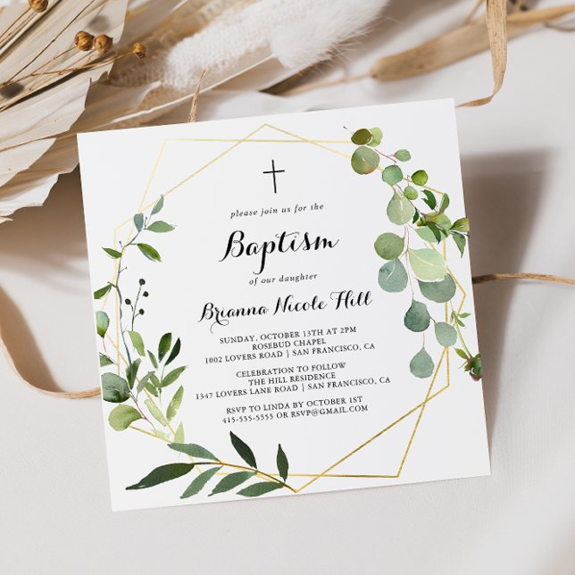Invitation Geometric Gold Tropical Green Calligraphy Baptism (Créateur téléchargé)