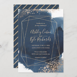 Invitation Geometric Navy and Gold Frame Watercolor