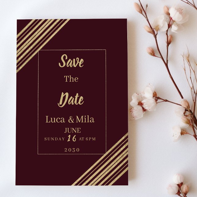 Invitation Geometrical burgundy gold typo Save the Date (Geometrical burgundy gold typo Save the Date)
