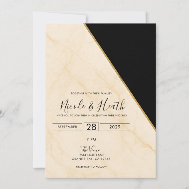 Invitation Géométrie Dorée Luxe Marbre Ivoire & Or Mariage  (Devant)