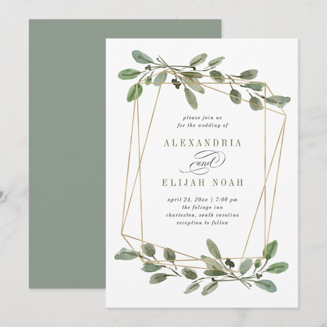 Invitation Géométrie et verdure or simple| Mariage (Devant / Derrière)