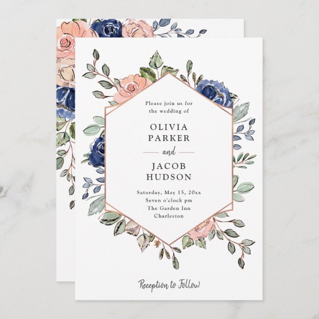 Invitation Géométrie florale de la marine | Mariage (Devant / Derrière)