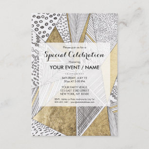 Invitation Géométrie moderne chic noir faux or blanc
