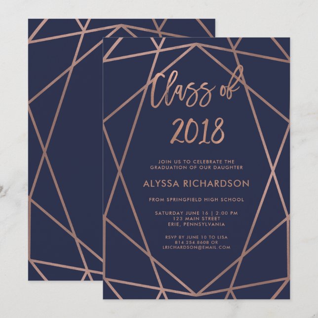 Invitation Géométrie or rose sur la Marine Blue Graduation Pa (Devant / Derrière)