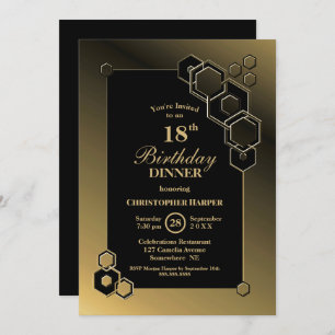 Invitation Géométrique Black Gold 18e anniversaire Dîner fête