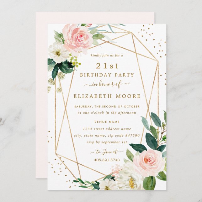 Invitation Géométrique Blush Gold Floral 21e anniv (Devant / Derrière)
