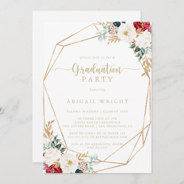 Invitation Géométrique Classic Gold Floral Party (Devant / Derrière)