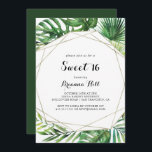 Invitation Géométrique Destination Sweet 16 Anniversaire<br><div class="desc">Cette destination géométrique douce 16 anniversaire invitation est parfait pour un anniversaire tropical. Le design se compose de palmiers verts aquarelés peints à la main et de feuilles de bananes soigneusement arrangés en de beaux bouquets,  ornant un cadre géométrique doré.</div>