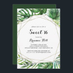 Invitation Géométrique Destination Sweet 16 Anniversaire<br><div class="desc">Cette destination géométrique douce 16 anniversaire invitation est parfait pour un anniversaire tropical. Le design se compose de palmiers verts aquarelés peints à la main et de feuilles de bananes soigneusement arrangés en de beaux bouquets,  ornant un cadre géométrique doré.</div>
