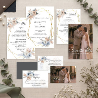 Invitation géométrique dorée à fleurs beige et ble