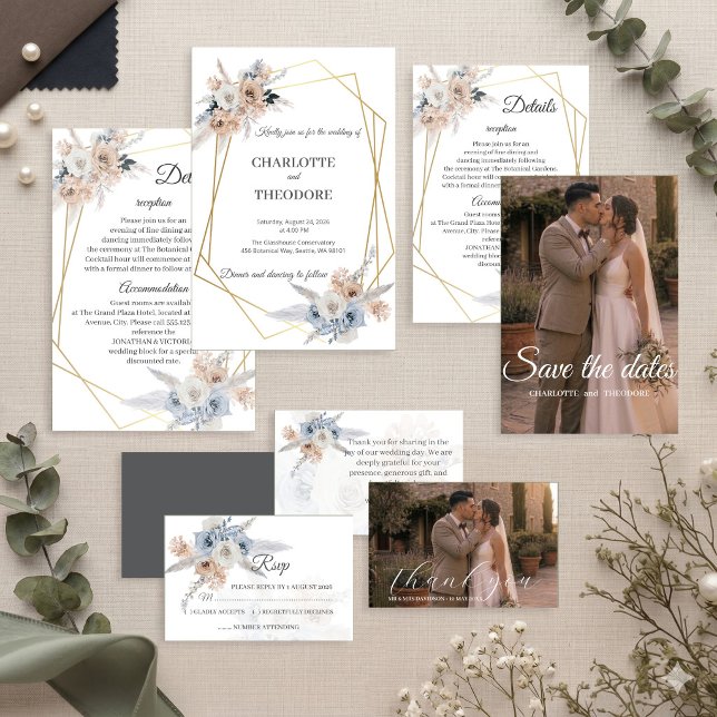 Invitation géométrique dorée à fleurs beige et ble (Créateur téléchargé)