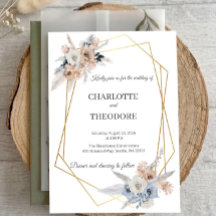 Invitation géométrique dorée à fleurs beige et ble