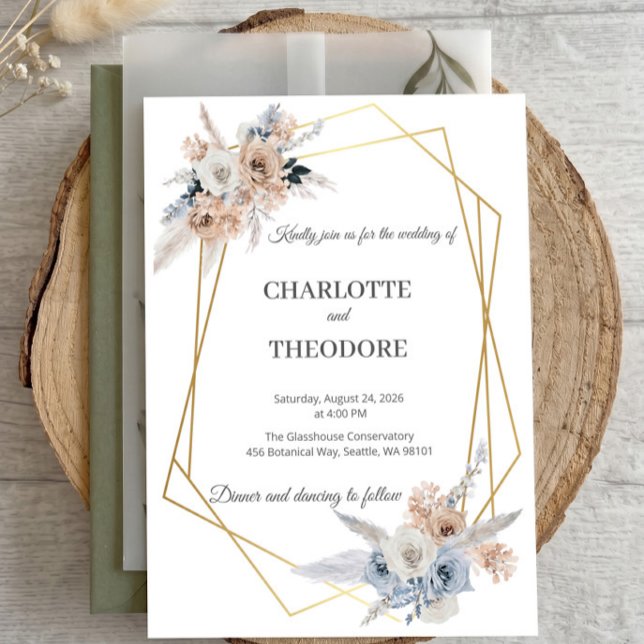Invitation géométrique dorée à fleurs beige et ble (Créateur téléchargé)