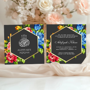 Invitation Géométrique Faux Or Floral Vibrant Islamique Aqiqa