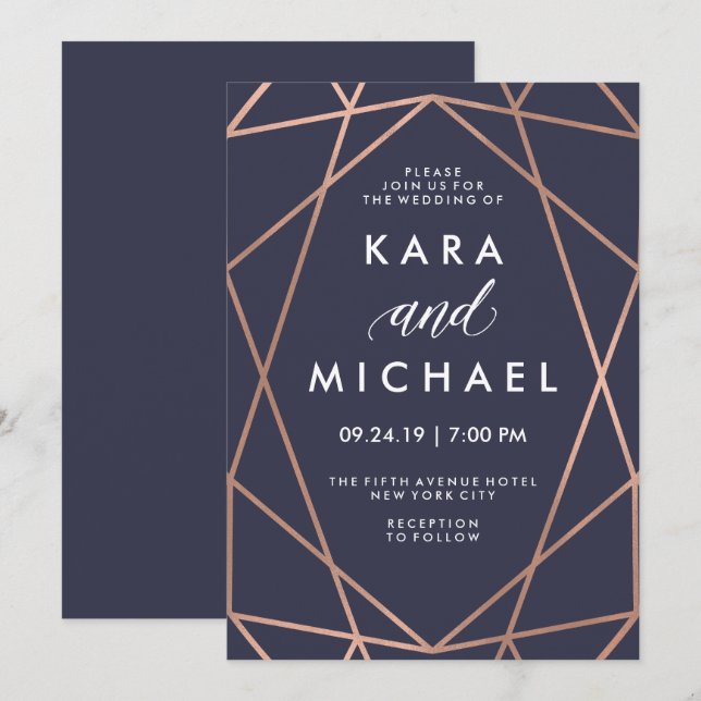 Invitation Géométrique Faux Rose Gold sur Midnight Blue Maria (Devant / Derrière)