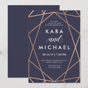 Invitation Géométrique Faux Rose Gold sur Midnight Blue Maria