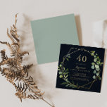 Invitation Géométrique Gold Blue Green 40e fête d'anniversair<br><div class="desc">Cette invitation de fête de 40ème anniversaire géométrique bleu or bleu vert est parfaite pour une simple fête d'anniversaire. Le design présente de beaux feuilles verts peints à la main dans un arrière - plan bleu foncé,  ornant un cadre géométrique doré.</div>