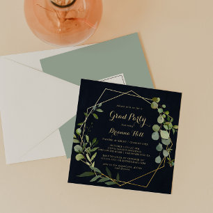 Invitation Géométrique Gold Blue Green Calligraphy Grad Party