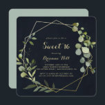 Invitation Géométrique Gold Blue Green Sweet 16 fête d'annive<br><div class="desc">Cette invitation géométrique de fête de 16 ans bleu or vert doux est parfaite pour un simple anniversaire. Le design présente de beaux feuilles verts peints à la main dans un arrière - plan bleu foncé,  ornant un cadre géométrique doré.</div>