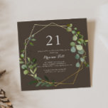 Invitation Géométrique Gold Brown Vert 21e fête d'anniversair<br><div class="desc">Cette invitation géométrique de fête de 21e anniversaire brun doré est parfaite pour une simple fête d'anniversaire. Le design présente de beaux feuilles verts peints à la main dans un arrière - plan marron,  ornant un cadre géométrique doré.</div>