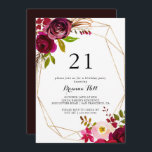 Invitation Géométrique Gold Rustic Blush 21e fête d'anniversa<br><div class="desc">Cette invitation à la fête du 21e anniversaire en or rustique géométrique est parfaite pour une fête d'anniversaire moderne. Le design est composé de fleurs roses,  rousses,  bordeaux et bordeaux à aquarelle vert,  ornées d'un cadre géométrique doré.</div>