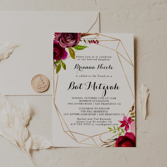 Invitation Géométrique Gold Rustique Blush Burgundy Bat mitzv (Créateur téléchargé)