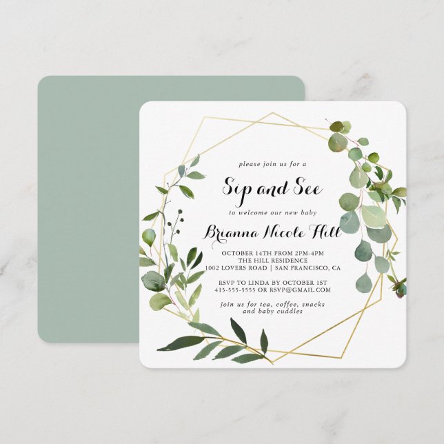 Invitation Géométrique Gold Tropical Calligraphie Sip et voir (Devant / Derrière)