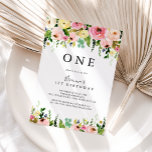 Invitation Géométrique Gold Tropical Fall Premier anniversair<br><div class="desc">Cette invitation de fête d'anniversaire d'automne tropical d'or géométrique est parfaite pour une fête d'anniversaire moderne. Le design est composé de pivoines en cascade rose,  blush,  jaune,  bleu et blanc avec des feuilles verts botaniques,  ornant un cadre géométrique.</div>