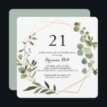 Invitation Géométrique Gold Tropical Green 21e fête d'anniver<br><div class="desc">Cette invitation de fête de 21ème anniversaire en or tropical géométrique est parfaite pour une simple fête d'anniversaire. Le design présente de beaux feuilles verts peints à la main,  ornant un cadre géométrique doré.</div>