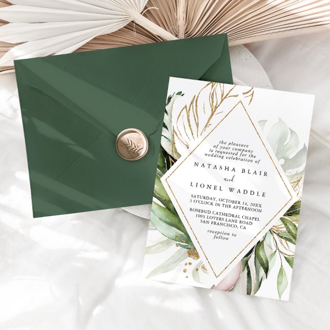 Invitation Géométrique Gold Tropical Greenery Diamond Mariage (Créateur téléchargé)