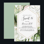 Invitation Géométrique Gold Tropical Sweet 16 fête d'annivers<br><div class="desc">Cette invitation à la fête de 16 ans aux motifs géométriques or tropical doux est parfaite pour un anniversaire moderne. Le design est composé d'or aquarelle peint à la main et de feuilles de palmiers verts et de bananes aux fleurs roses entassées dans des bouquets,  ornant un cadre géométrique.</div>