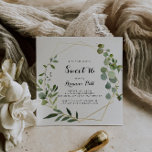 Invitation Géométrique Gold Tropical Sweet 16 fête d'annivers<br><div class="desc">Cette invitation à la fête de 16 ans aux motifs géométriques or tropical doux est parfaite pour un simple anniversaire. Le design présente de beaux feuilles verts peints à la main,  ornant un cadre géométrique doré.</div>